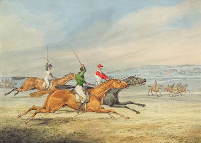 Steeplechasing: Three Riders Galloping to Right, Mounted Spectators in Background by Henry Thomas Alken